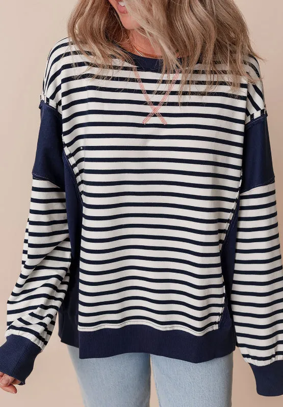 Andrea Exposed Seam Striped Long Sleeve Sweatshirt